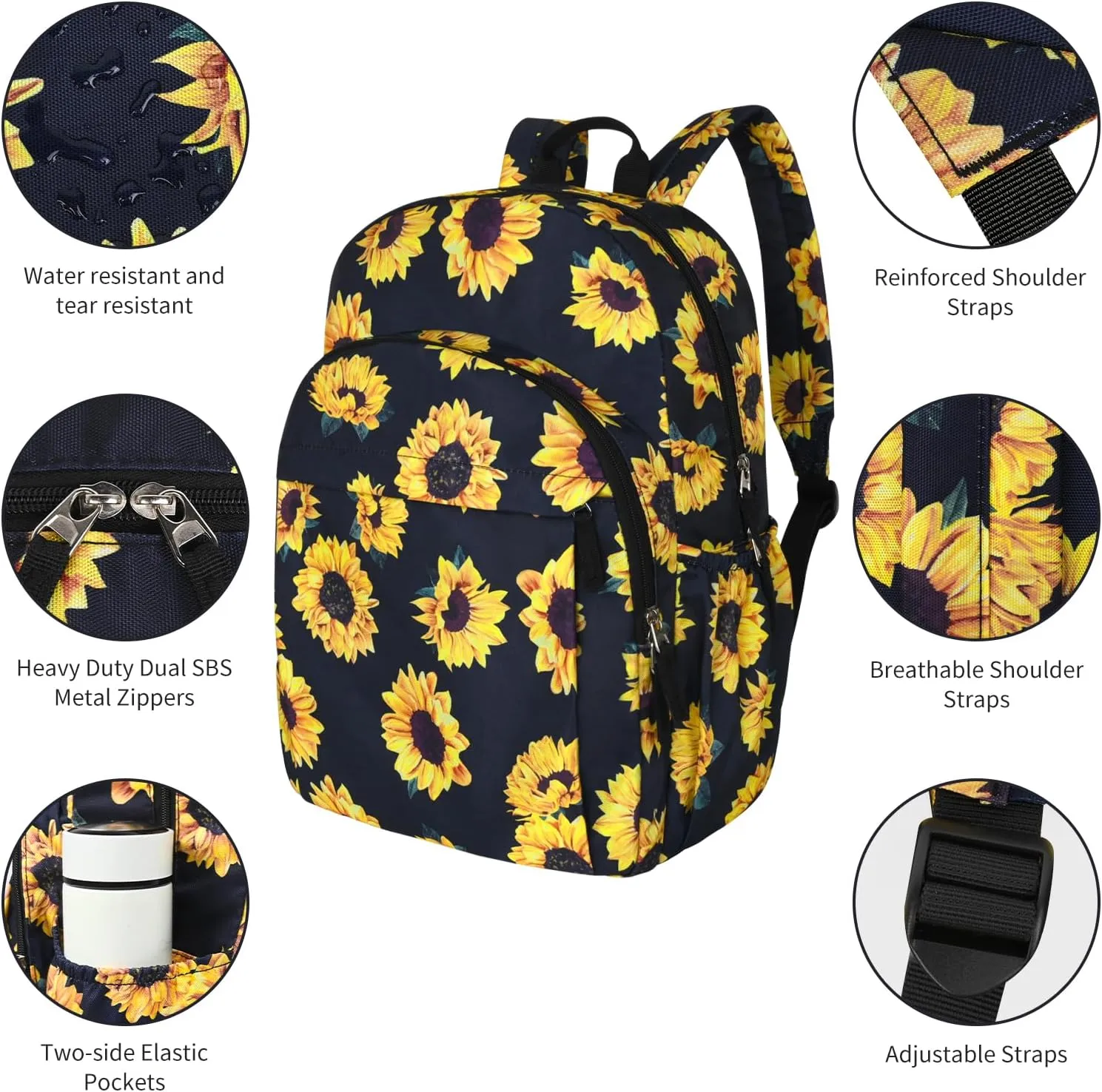 15.6 Inch Laptop Backpack for Men, College Bookbag, Sunflower Backpacks for School, Girls Backpack, Water Resistant Backpack for Teens, Work Backpack for Women (Sunflower Black)