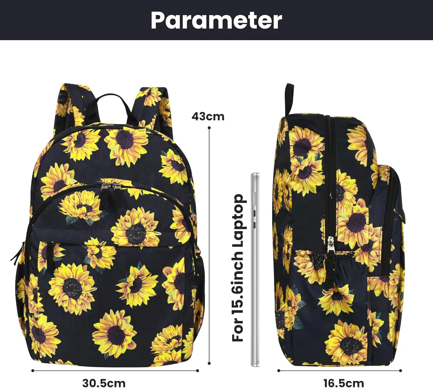 15.6 Inch Laptop Backpack for Men, College Bookbag, Sunflower Backpacks for School, Girls Backpack, Water Resistant Backpack for Teens, Work Backpack for Women (Sunflower Black)