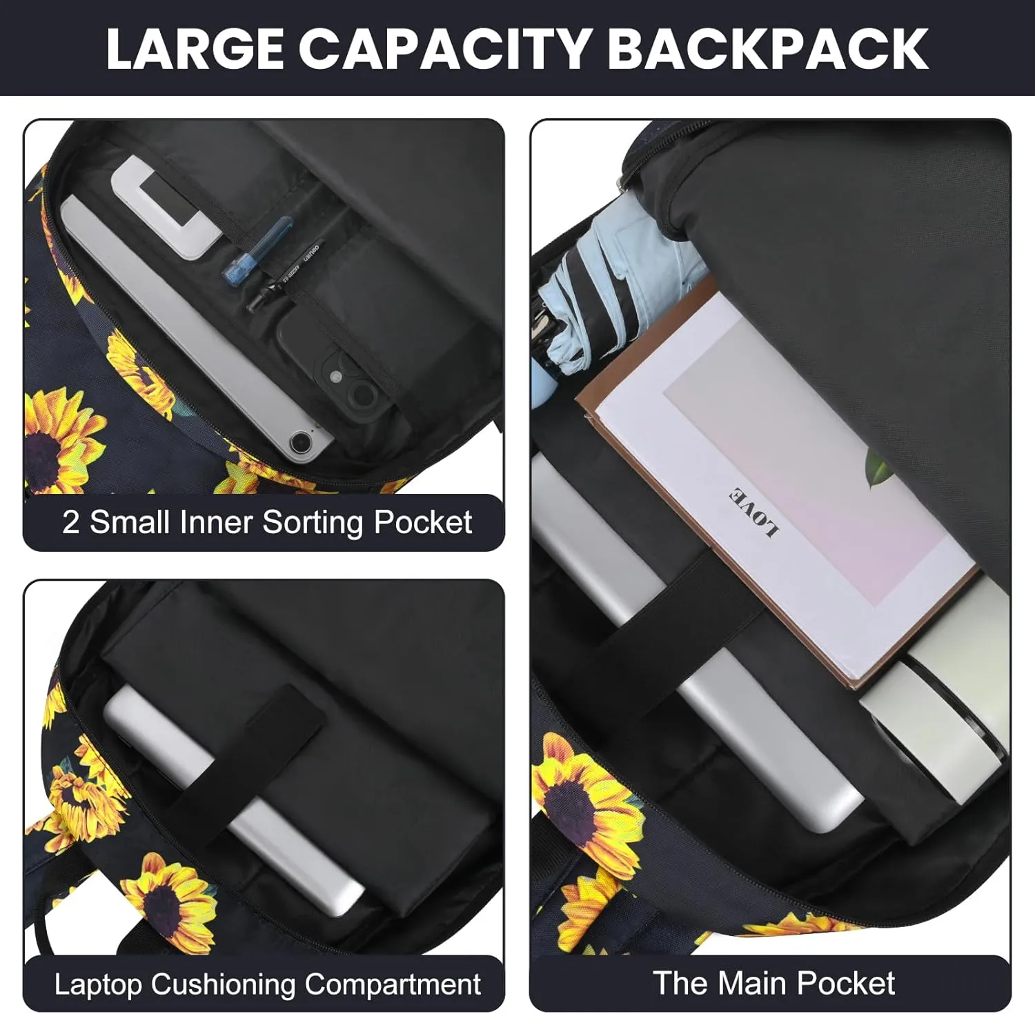 15.6 Inch Laptop Backpack for Men, College Bookbag, Sunflower Backpacks for School, Girls Backpack, Water Resistant Backpack for Teens, Work Backpack for Women (Sunflower Black)