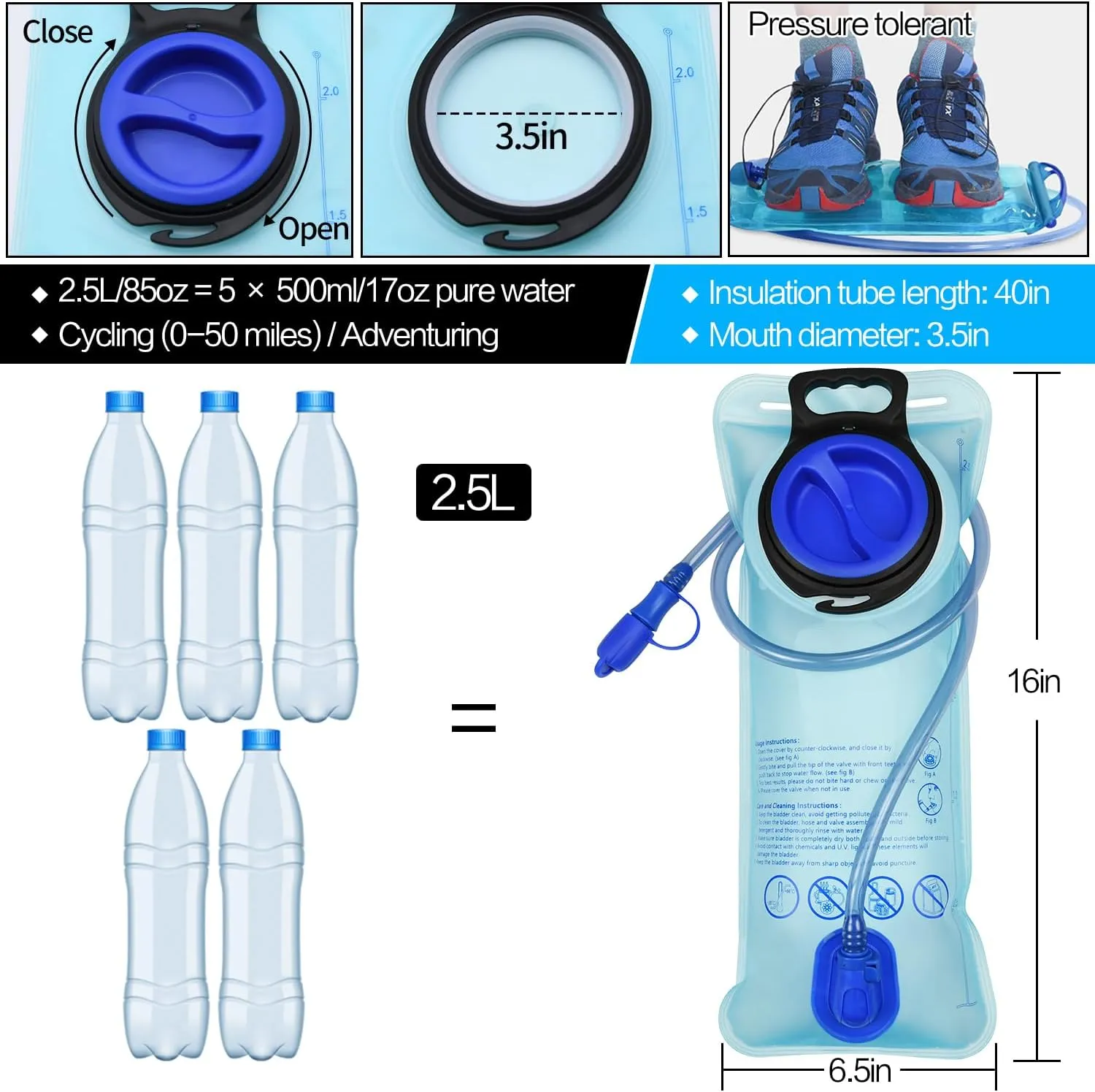 1.5L/2L/2.5L/3L Hydration Bladder, Large Opening Water Storage Bladder Bag, for Cycling Hiking Camping
