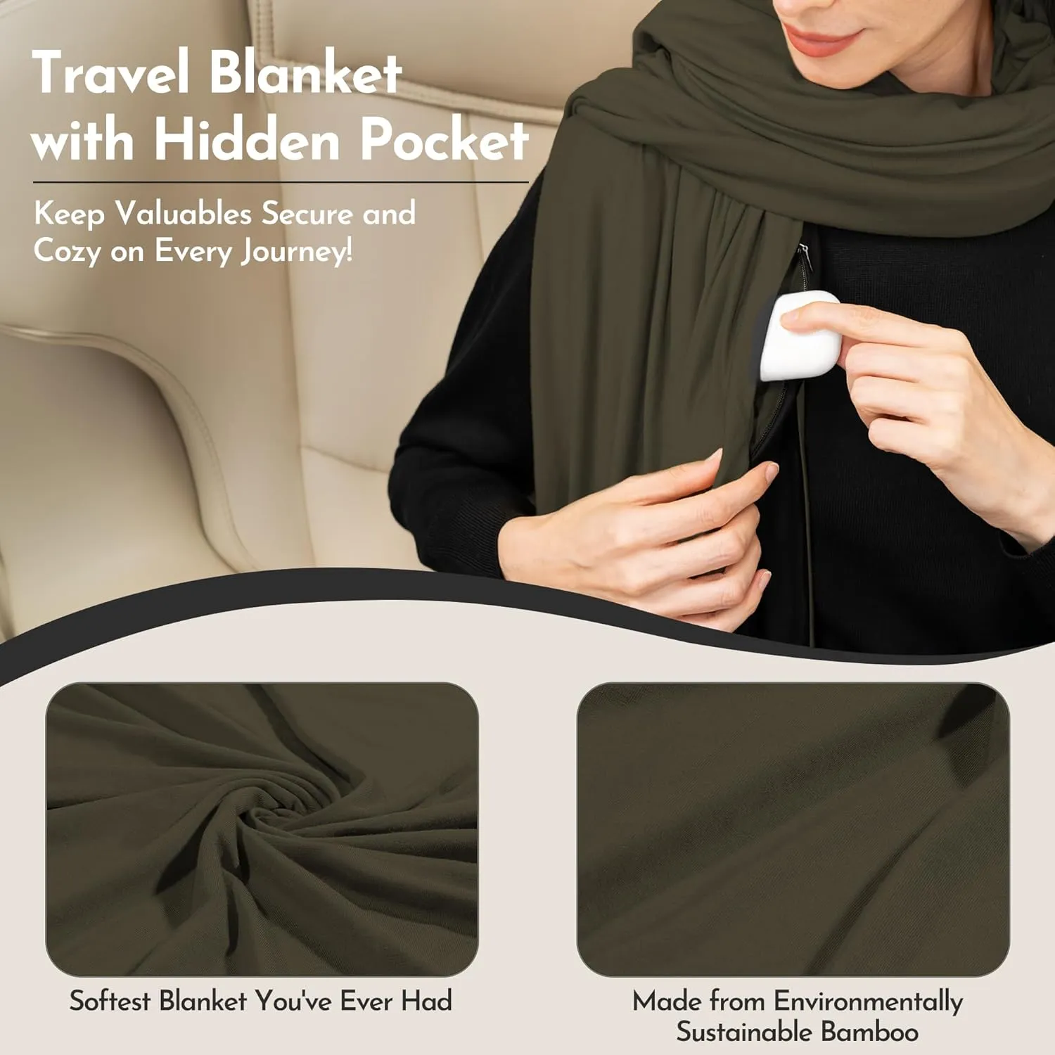 16-in-1 Compact Travel Blanket with Bag – Reversible, Ultra Soft Bamboo Airplane Blanket with Hidden Pocket - Lightweight & Packable for Flights, Camping, Picnic, Travel Essentials