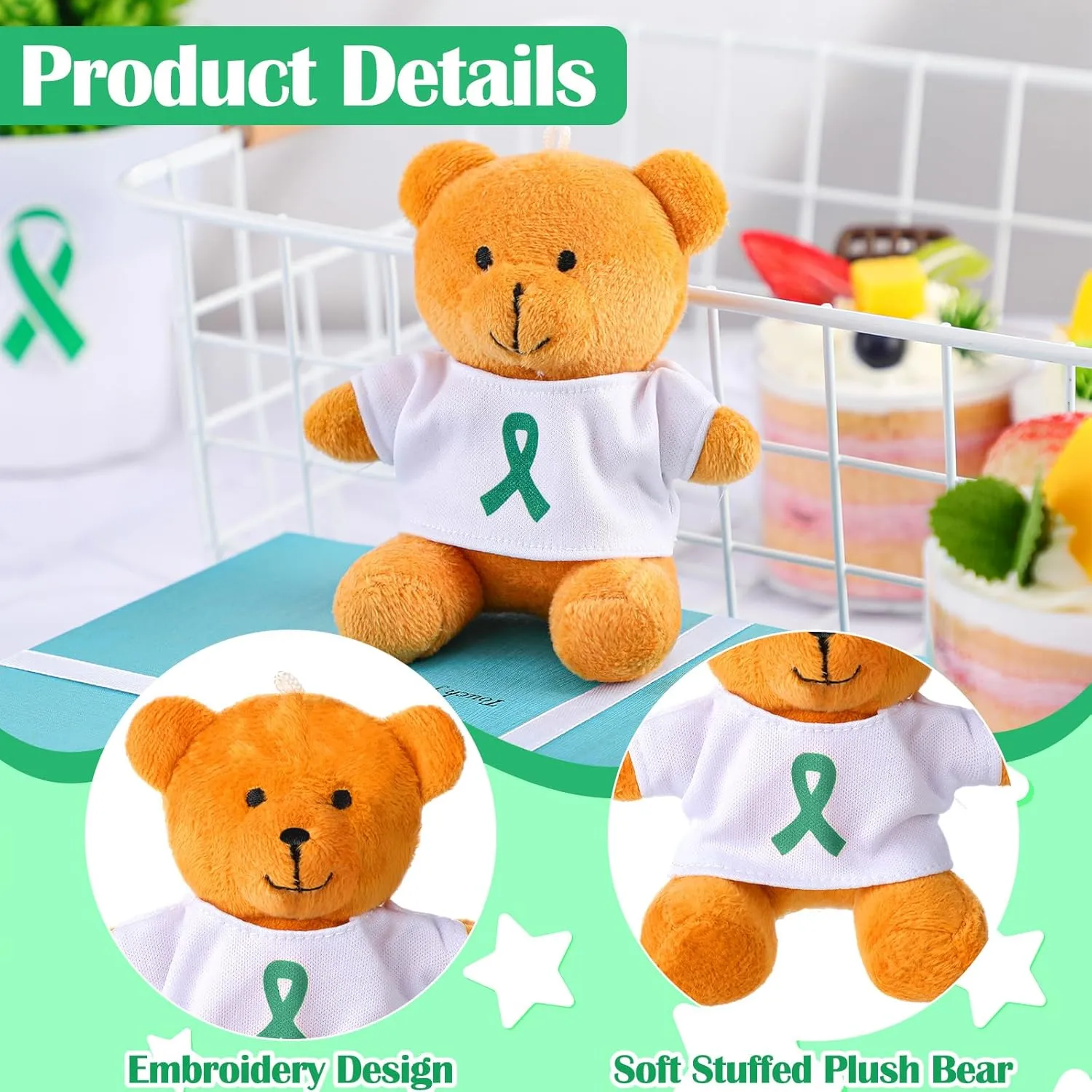 18 Pcs Bulk Mental Health Awareness Bear 4 Inch Green Ribbon Plush Toys Green Mental Health Awareness Ribbon Bear Gifts for Volunteer Charity Fundraiser Event Supplies