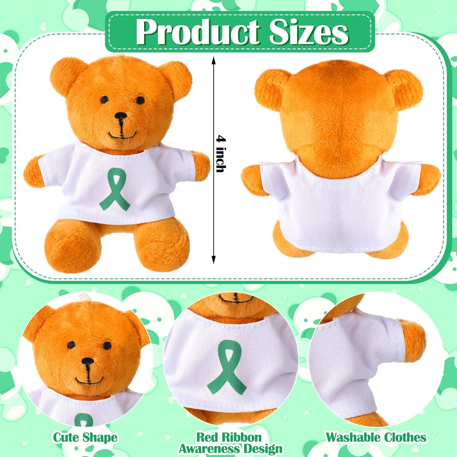 18 Pcs Bulk Mental Health Awareness Bear 4 Inch Green Ribbon Plush Toys Green Mental Health Awareness Ribbon Bear Gifts for Volunteer Charity Fundraiser Event Supplies
