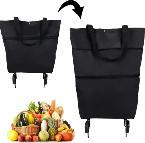 2 in 1 Foldable Shopping Cart, Collapsible Two-Stage Zipper Grocery Cart with Wheels Shopping Bag, Multifunction Telescopic Storage Bag for Traveling Shopping(Black)