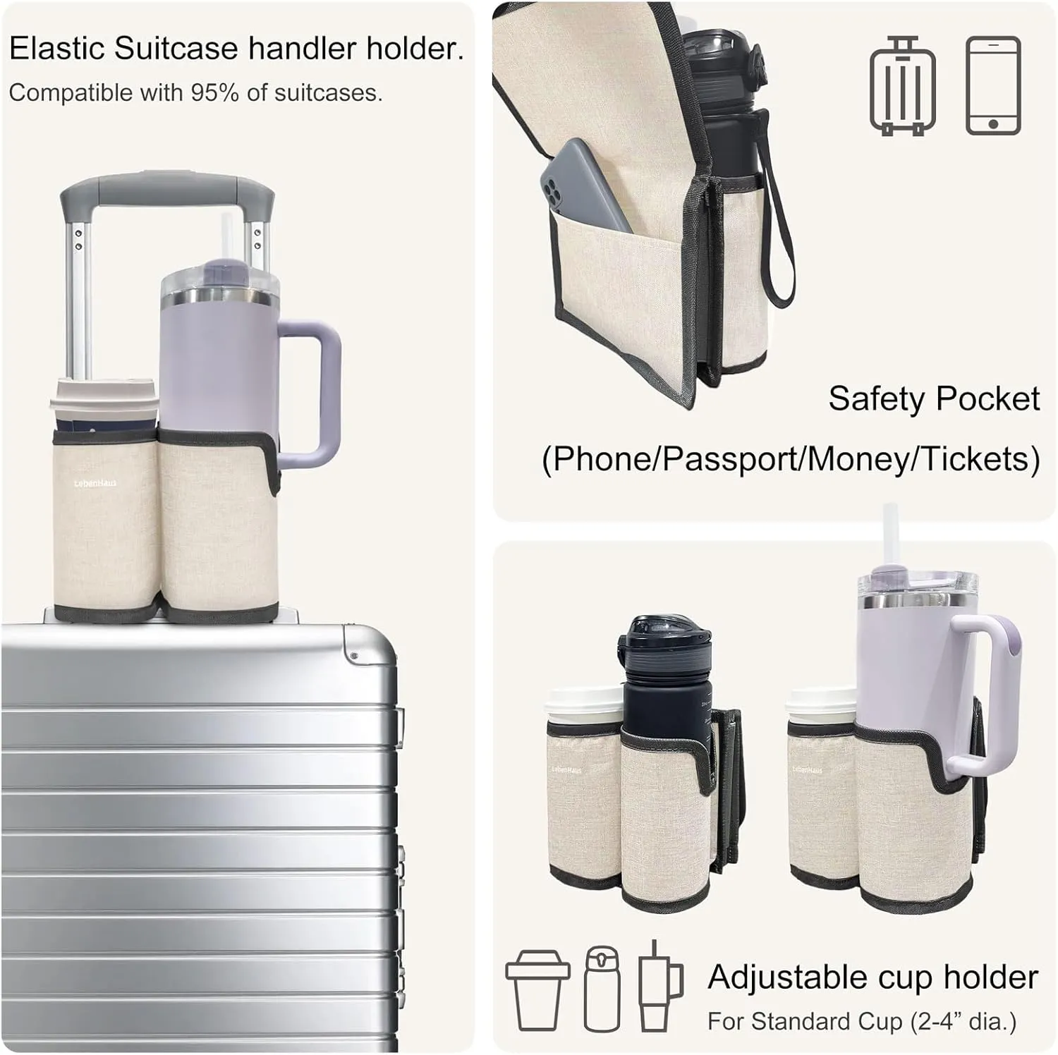 2 in 1 Luggage Cup Holder for Suitcase|Airplane Tray Table Carry on Hands Free Drink Carrier for Stanley Tumblers Coffee Beverage Organizer Gifts for Travelers(Off-White)