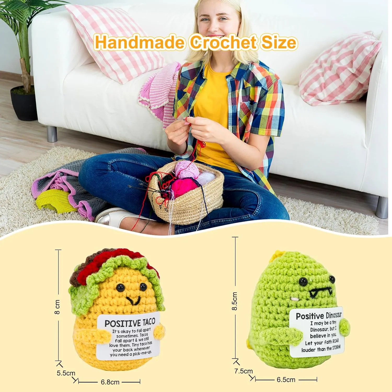 2 Pcs Handmade Postive Crochet Animal Gift with Emotional Cards, Mini Knitted Dolls for Any Festival Occasion, Home Office Desk Decor, for Friends, Coworkers, Loved Ones (Dinosaur Taco)