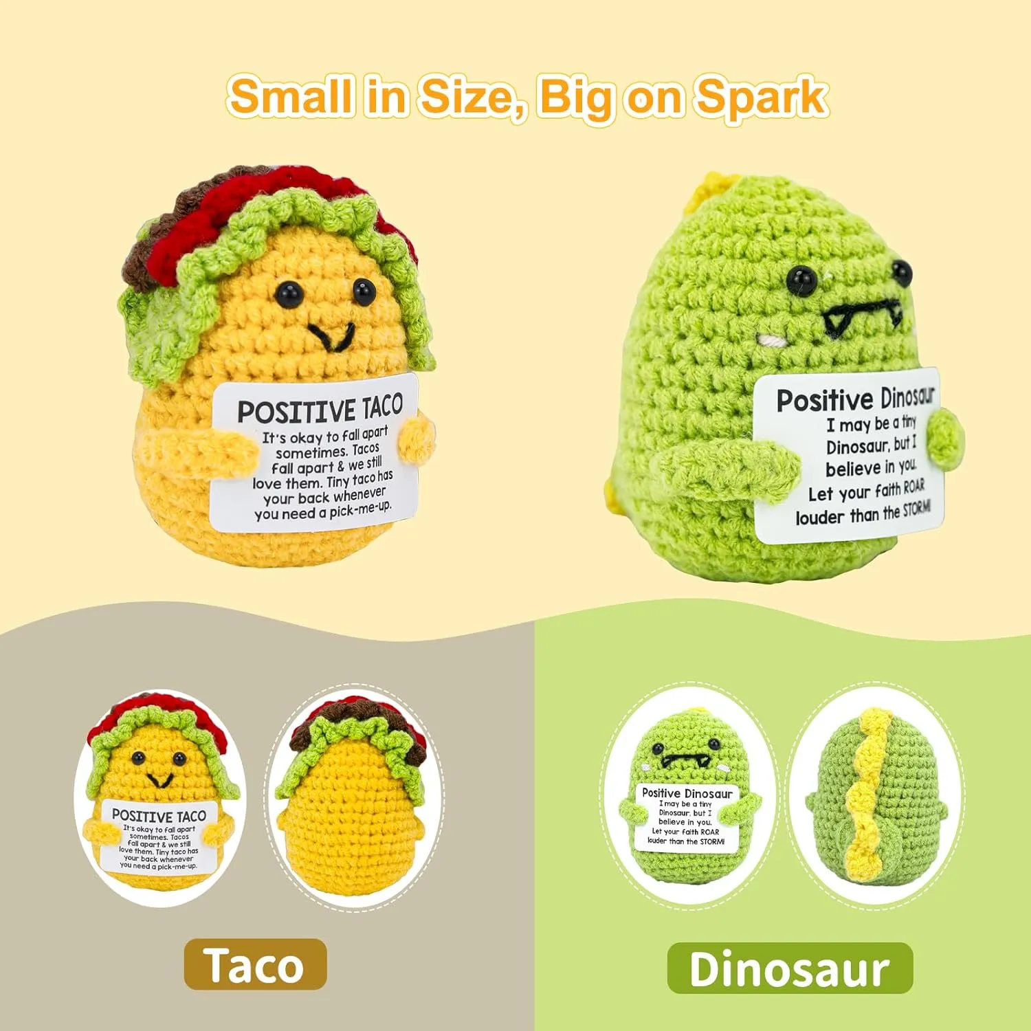 2 Pcs Handmade Postive Crochet Animal Gift with Emotional Cards, Mini Knitted Dolls for Any Festival Occasion, Home Office Desk Decor, for Friends, Coworkers, Loved Ones (Dinosaur Taco)