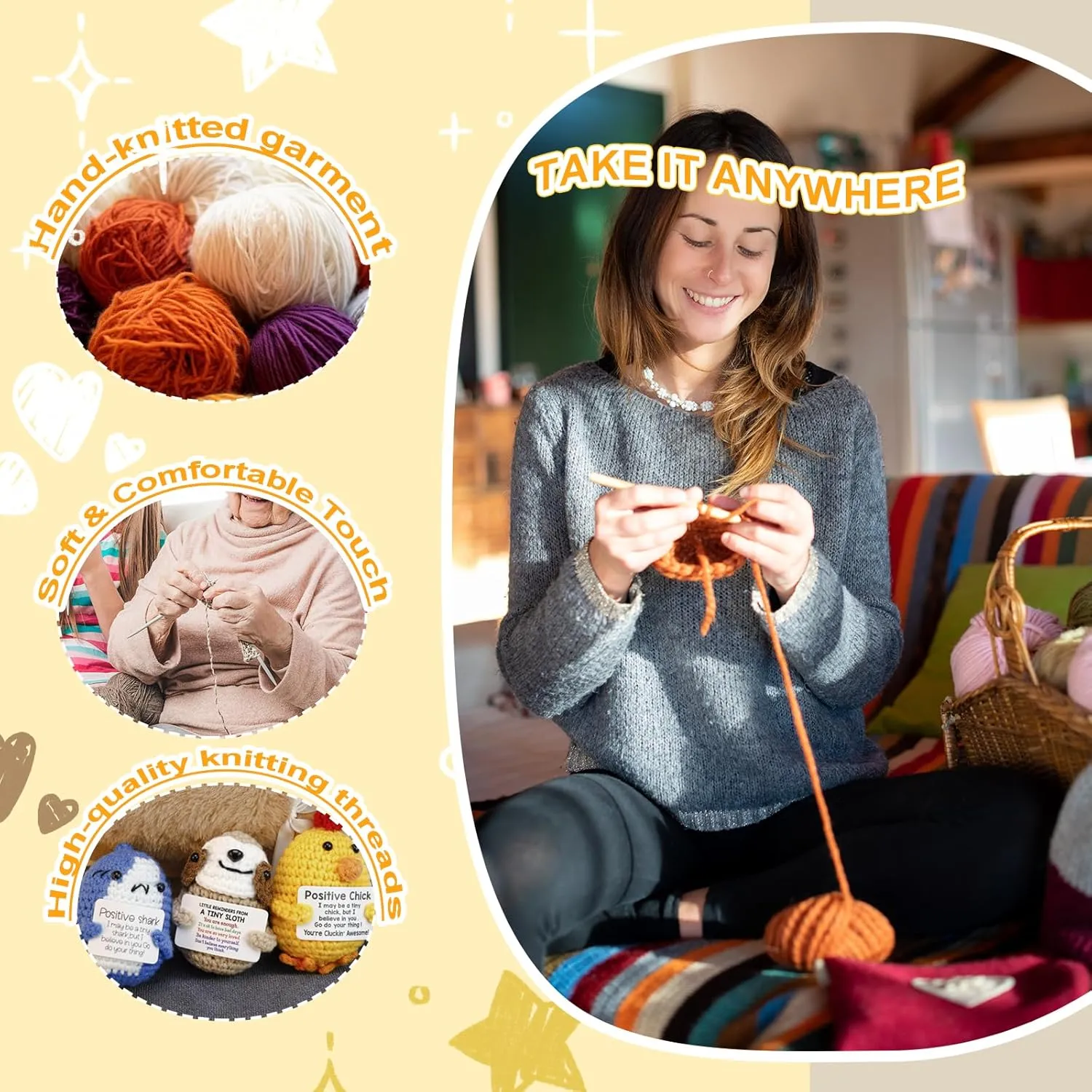 2 Pcs Handmade Postive Crochet Animal Gift with Emotional Cards, Mini Knitted Dolls for Any Festival Occasion, Home Office Desk Decor, for Friends, Coworkers, Loved Ones (Dinosaur Taco)
