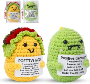 2 Pcs Handmade Postive Crochet Animal Gift with Emotional Cards, Mini Knitted Dolls for Any Festival Occasion, Home Office Desk Decor, for Friends, Coworkers, Loved Ones (Dinosaur Taco)
