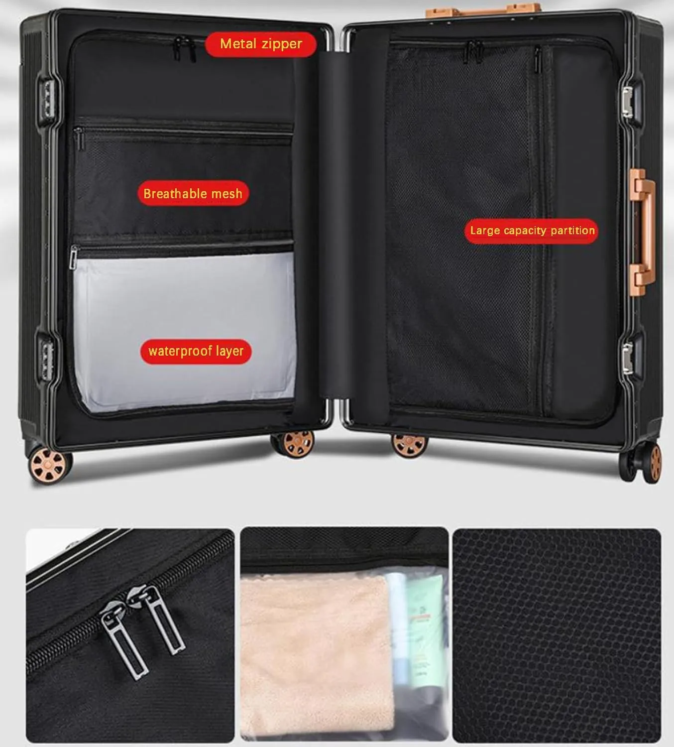 20 Inch Luggage ABS Hard Shell Luggage with 4 Spinner Wheels Carry On Luggage Wide Handle Travel Luggage Aluminum Frame,Black,26in