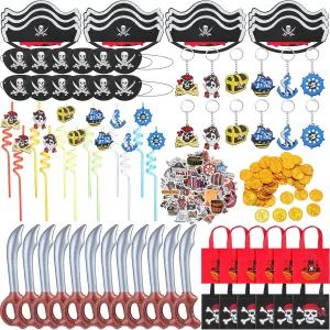 222 Count Pirate Party Favors Kit Includes Hats Eye Patches Inflatable Swords Gold Coins Stickers Gift Bags Plastic Straws for Pirate Adventure Birthday Party Decorations