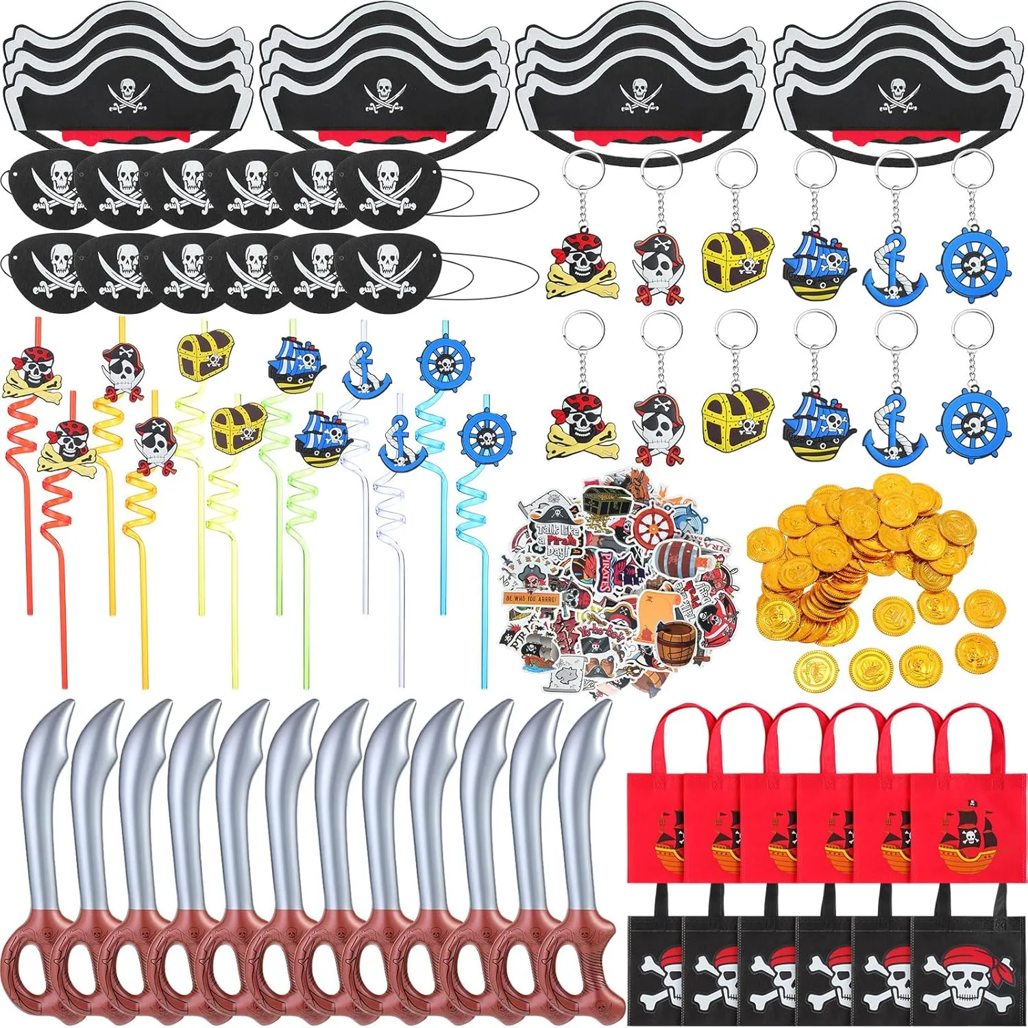 222 Count Pirate Party Favors Kit Includes Hats Eye Patches Inflatable Swords Gold Coins Stickers Gift Bags Plastic Straws for Pirate Adventure Birthday Party Decorations