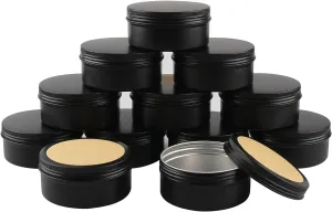 24 Pcs 150ml 150g Empty Round Black Aluminum Tin Jars with Screw Lids Cosmetics Lip Balm Containers Pots for DIY Candle Salve Powder Crafts Storage Cans 3x Alu Spoon, 24x Ø 7cm Labels