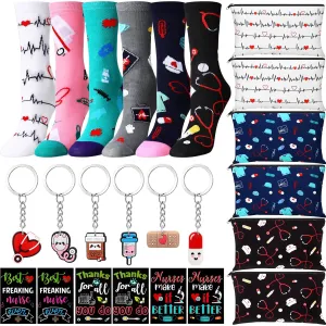 24 Pieces Women Teacher Appreciation Thank You Gift Set, Socks, Makeup Bags, Inspirational Notepads, Keychains for Christmas (Nurse)