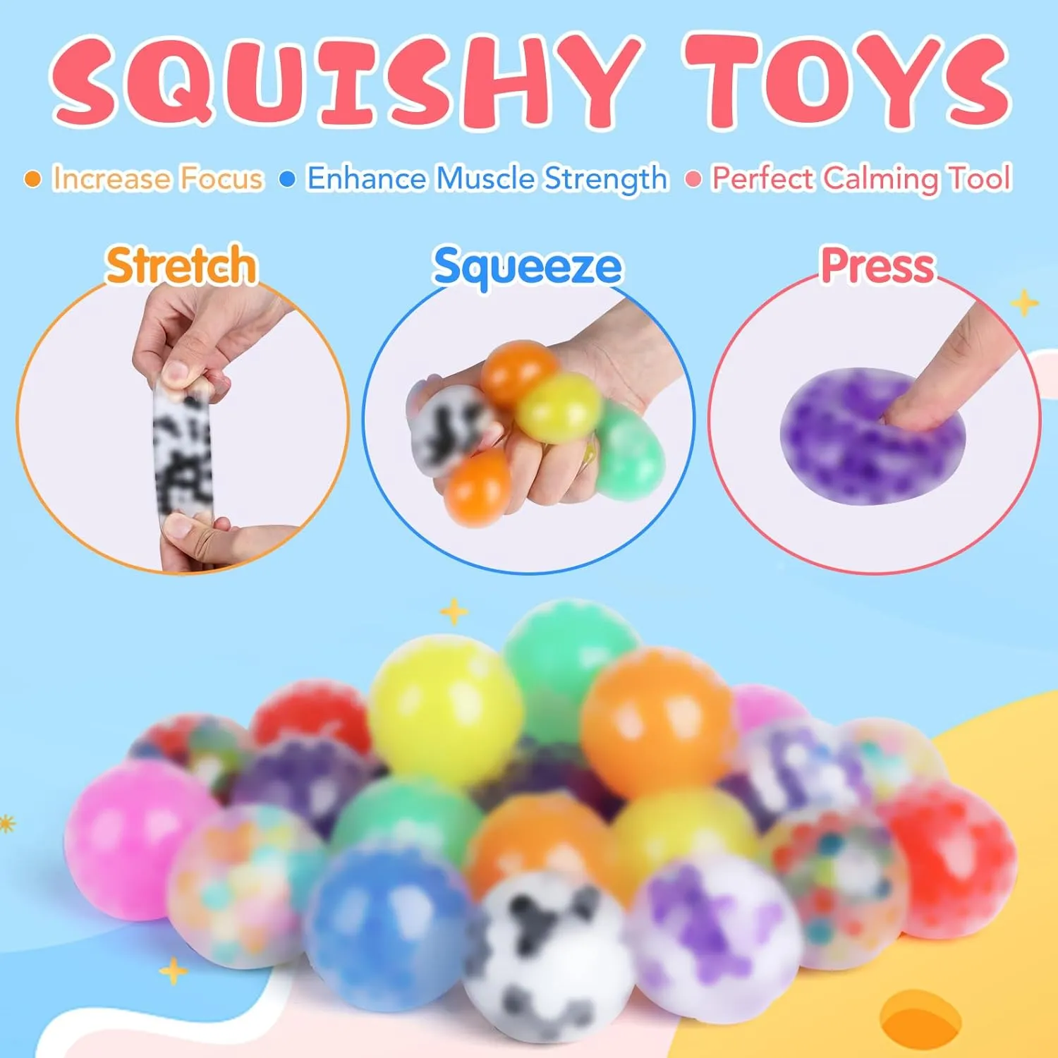 24Pack Stress Balls, Squishy Ball, Squishy Squeeze Balls Bulk Fidget for Adults, Stress Relief Balls, Party Favors, Birthday Gift, Goodie Bag Stuffers