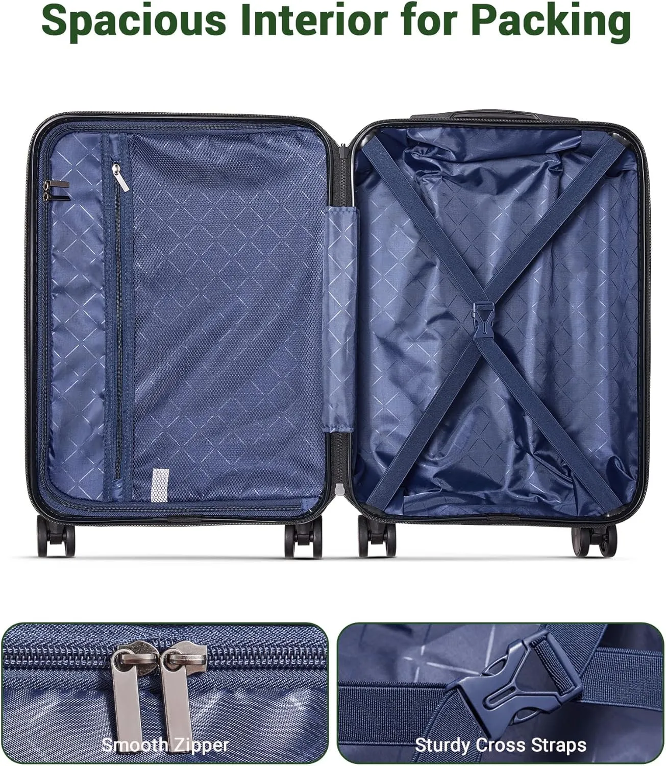 28 inch Luggage Hardside Lightweight Suitcase with Spinner Wheels TSA Lock for Travel Business (Green&Black)