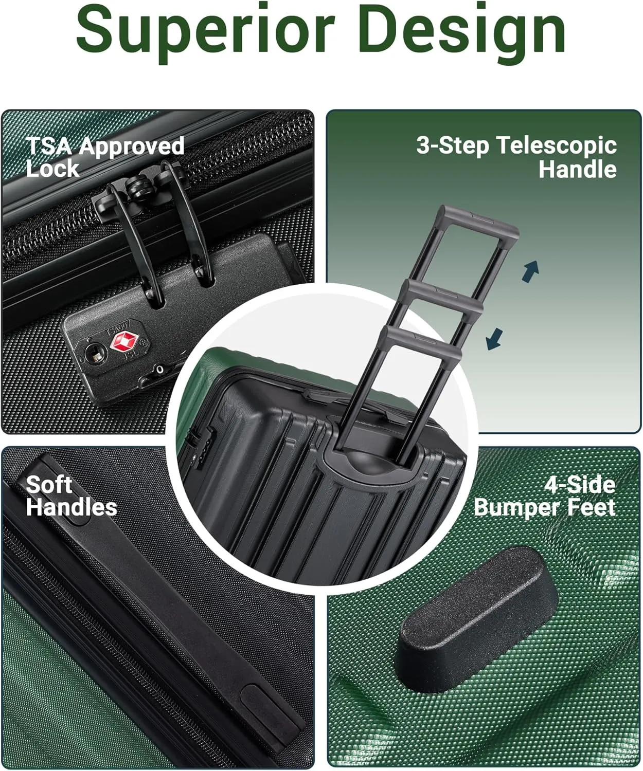 28 inch Luggage Hardside Lightweight Suitcase with Spinner Wheels TSA Lock for Travel Business (Green&Black)