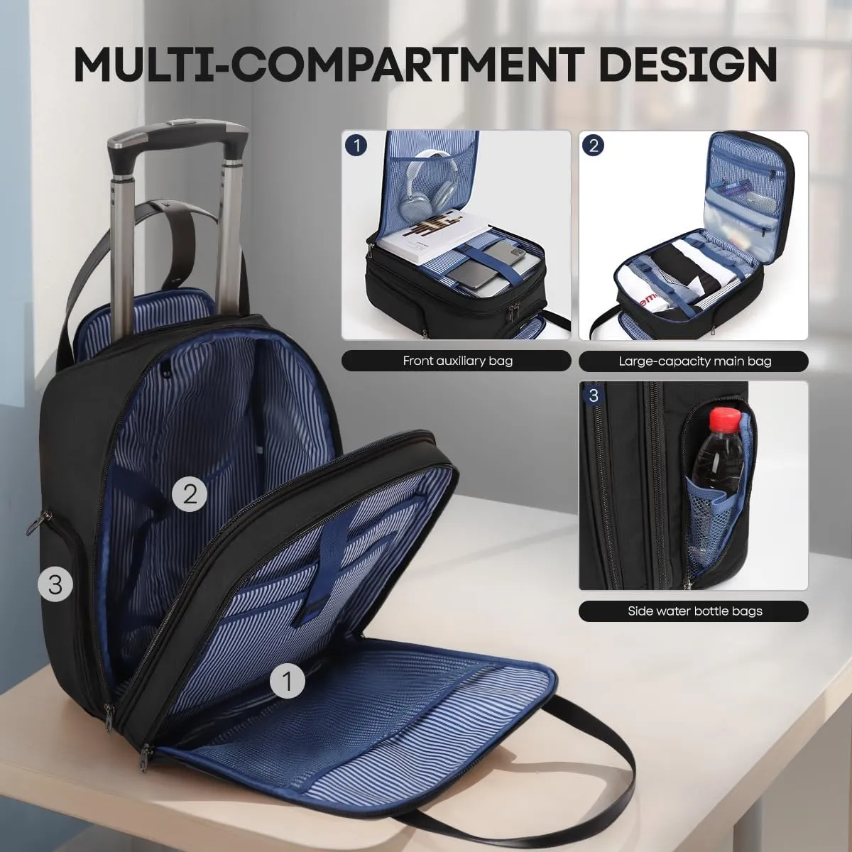 2in1 Travel Rolling Backpack Handbag Rolling Carry on Luggage with Wheels for Adult
