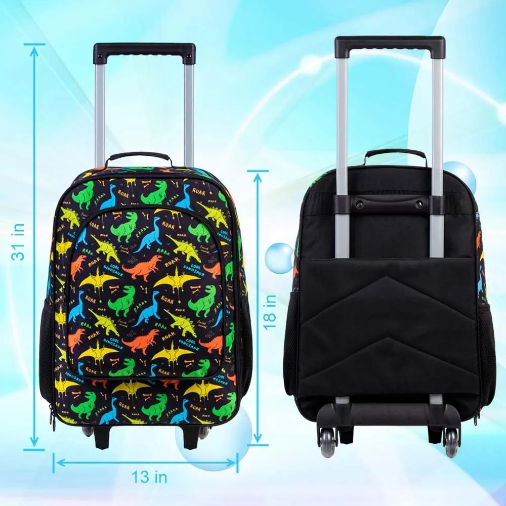 2Pcs Dinosaur Suitcase for Boys, 18" Kids Carry on Luggage with Wheels, Cool Travel Rolling Set with 12" Toddler Backpack(Black)