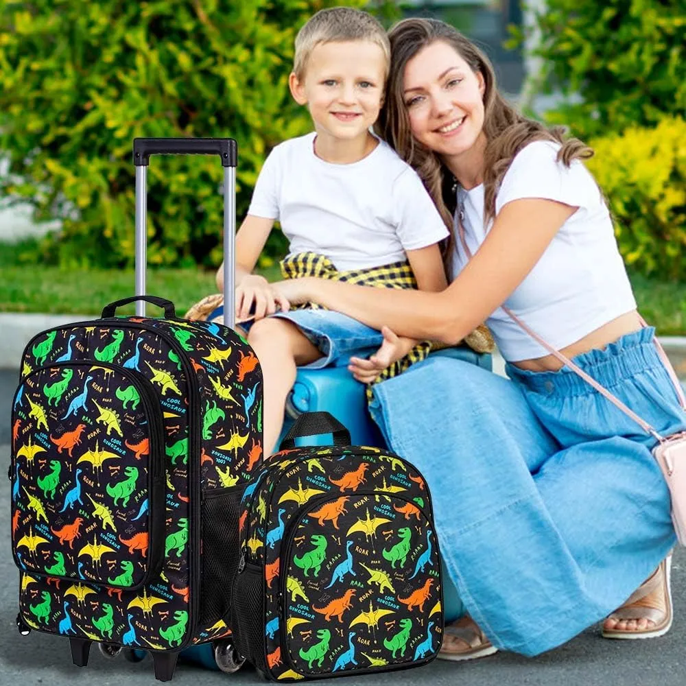 2Pcs Dinosaur Suitcase for Boys, 18" Kids Carry on Luggage with Wheels, Cool Travel Rolling Set with 12" Toddler Backpack(Black)
