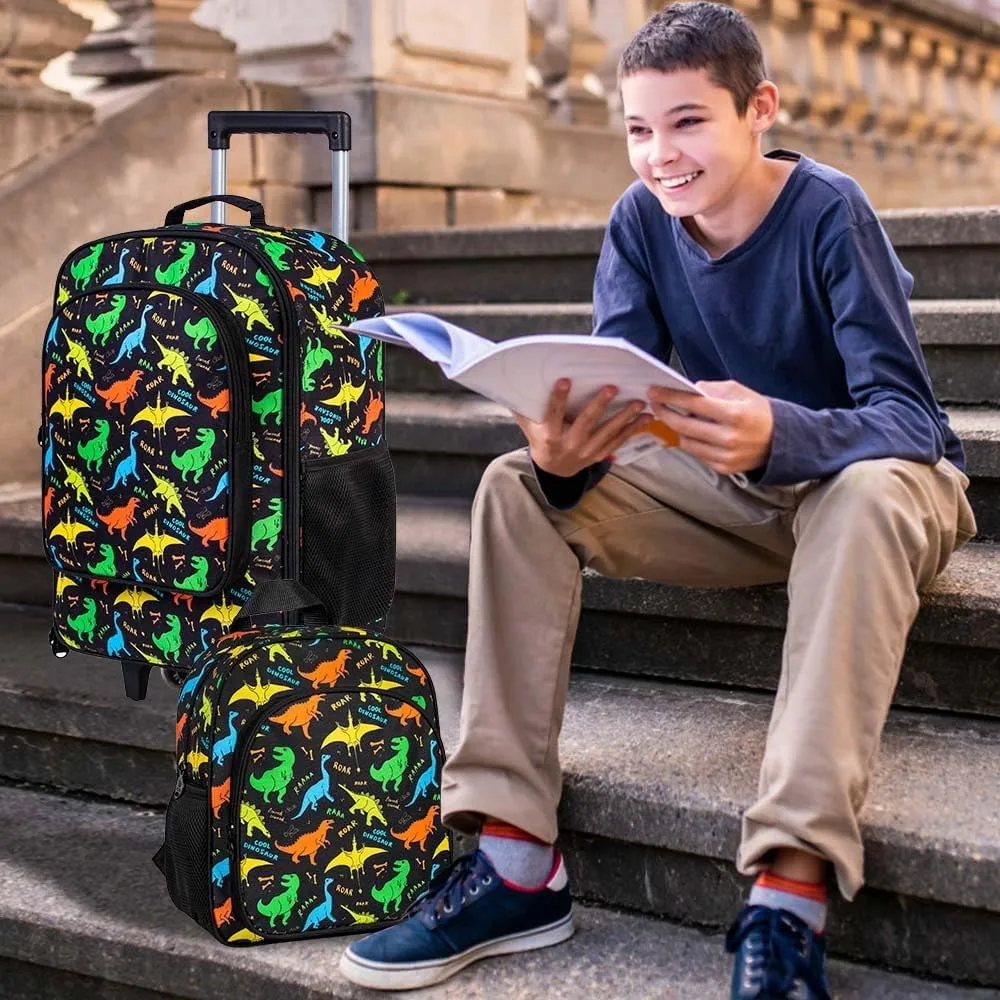 2Pcs Dinosaur Suitcase for Boys, 18" Kids Carry on Luggage with Wheels, Cool Travel Rolling Set with 12" Toddler Backpack(Black)