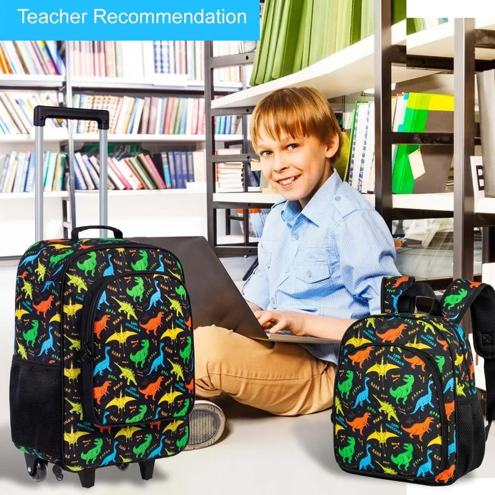 2Pcs Dinosaur Suitcase for Boys, 18" Kids Carry on Luggage with Wheels, Cool Travel Rolling Set with 12" Toddler Backpack(Black)