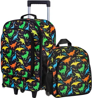 2Pcs Dinosaur Suitcase for Boys, 18" Kids Carry on Luggage with Wheels, Cool Travel Rolling Set with 12" Toddler Backpack(Black)