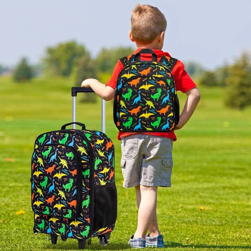 2Pcs Dinosaur Suitcase for Boys, 18" Kids Carry on Luggage with Wheels, Cool Travel Rolling Set with 12" Toddler Backpack(Black)