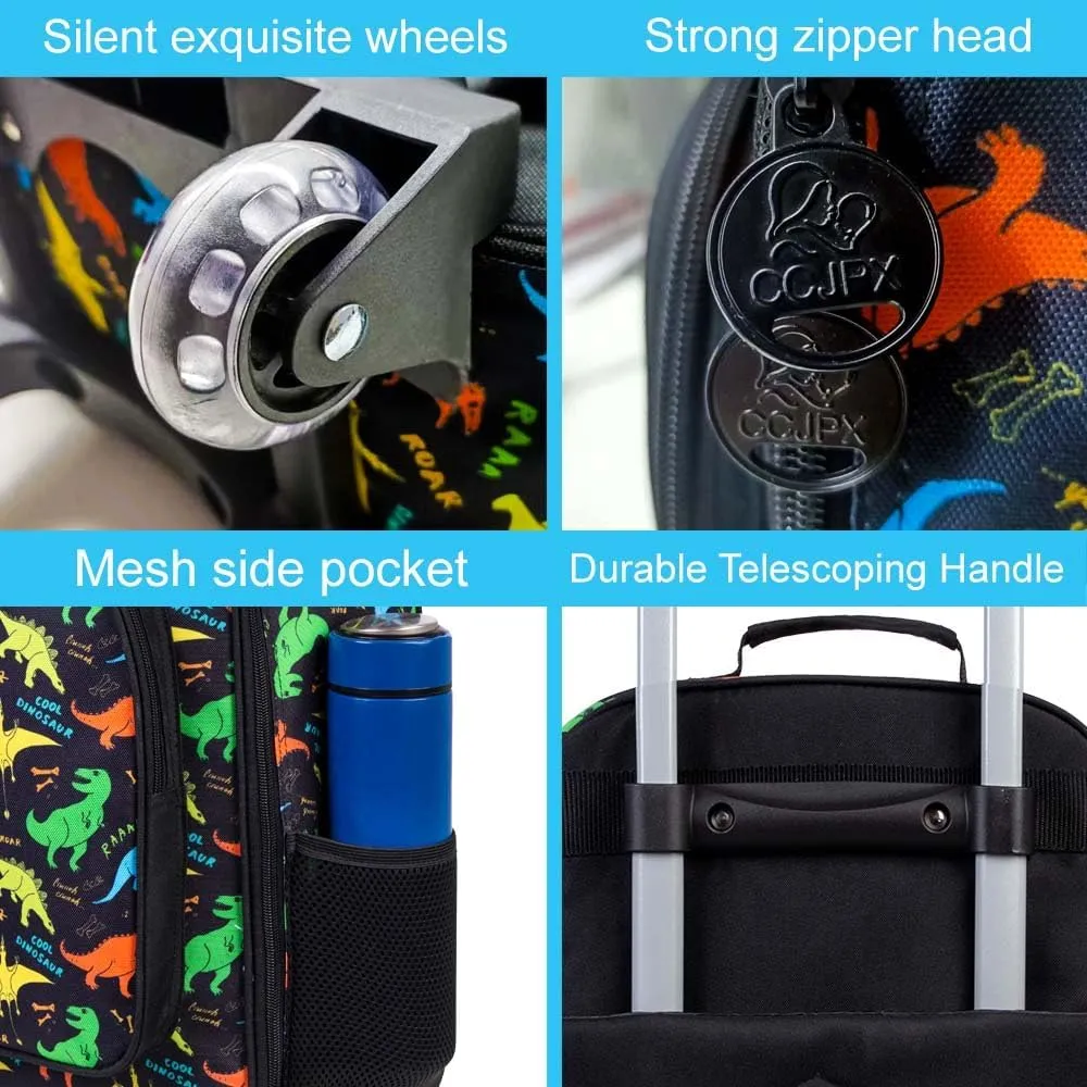 2Pcs Dinosaur Suitcase for Boys, 18" Kids Carry on Luggage with Wheels, Cool Travel Rolling Set with 12" Toddler Backpack(Black)