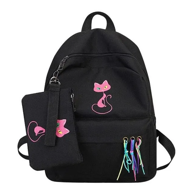 2pcs/set Cute Cat Printed Canvas Women Backpack Teenage Girls Travel Casual Shoulder School Bags