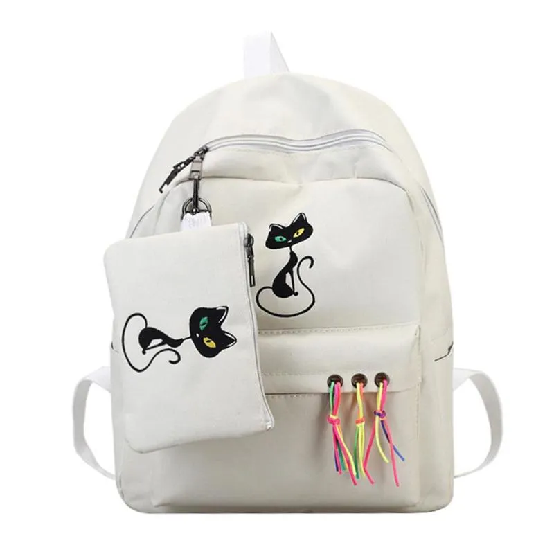 2pcs/set Cute Cat Printed Canvas Women Backpack Teenage Girls Travel Casual Shoulder School Bags