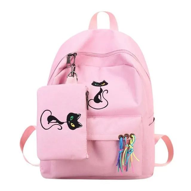 2pcs/set Cute Cat Printed Canvas Women Backpack Teenage Girls Travel Casual Shoulder School Bags