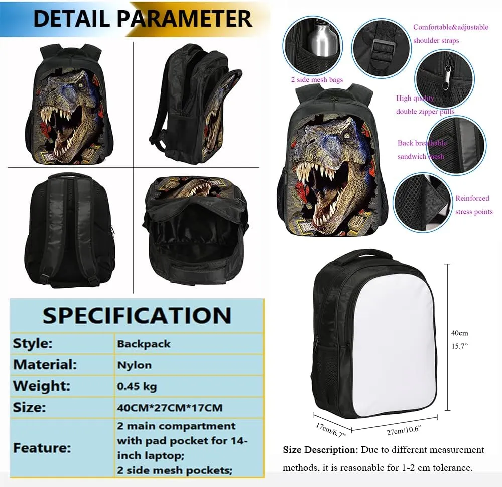 3 in 1 Dinosaur School Backpack Set for Kids Boys Rucksack Books Bag Girls Backpack with Lunch Bag and Pencil Case (Pattern 2), Medium