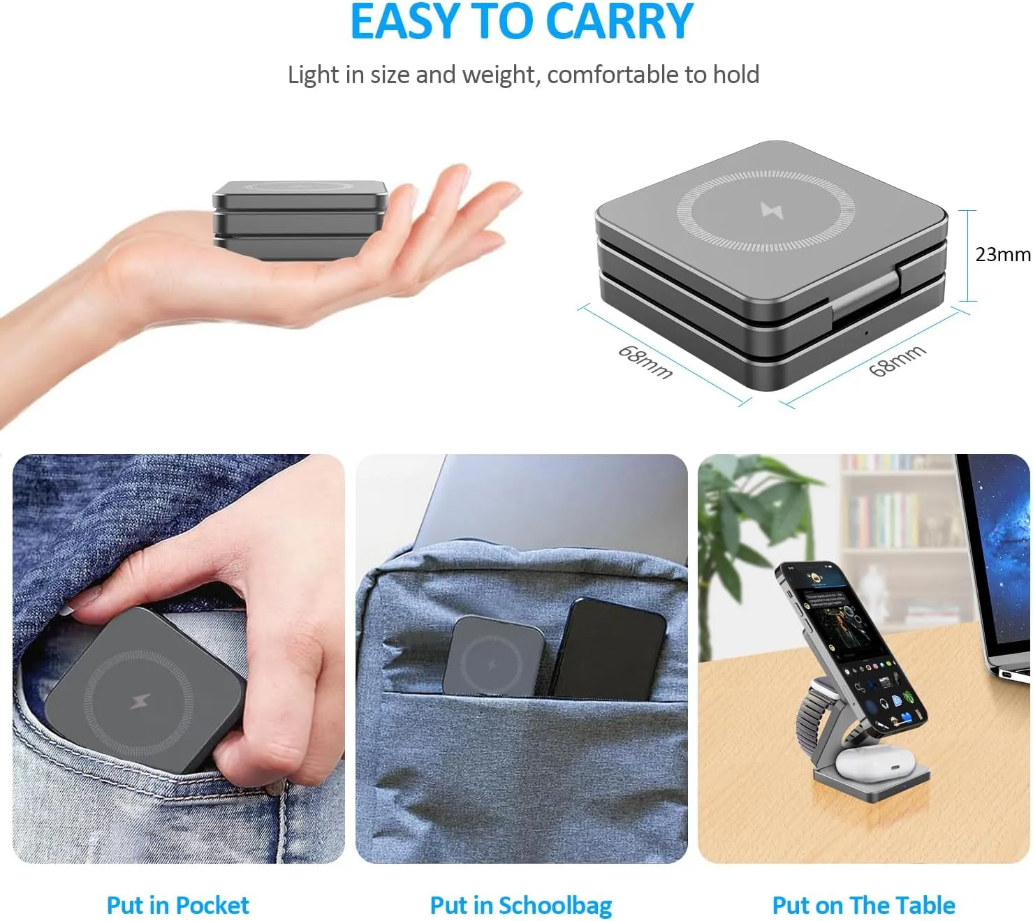 3 in 1 Wireless Charger for iPhone and Watch, Travel Charger for Multiple Devices, Charging Station for Smartphones, Smartwatches & Earbuds, Portable Travel Essentials (Gray)