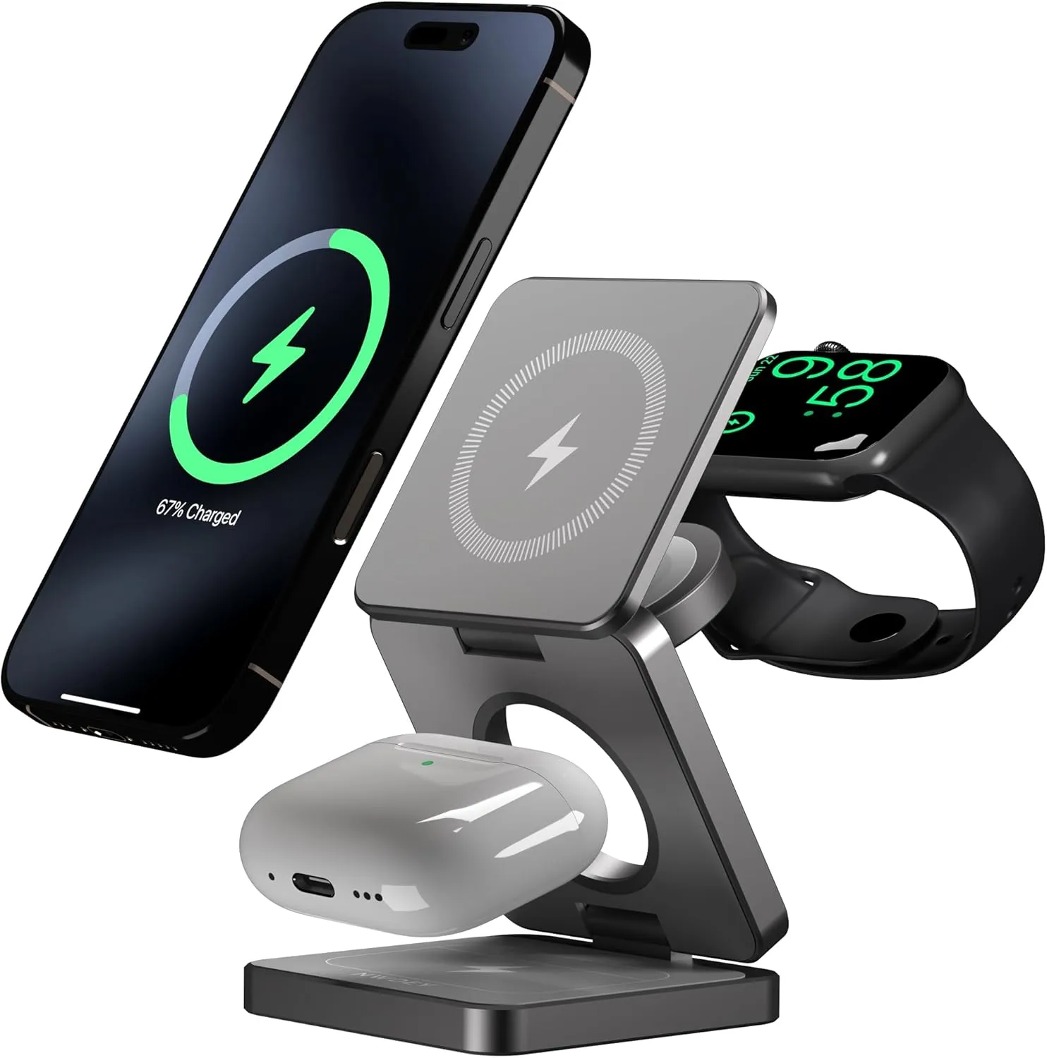 3 in 1 Wireless Charger for iPhone and Watch, Travel Charger for Multiple Devices, Charging Station for Smartphones, Smartwatches & Earbuds, Portable Travel Essentials (Gray)