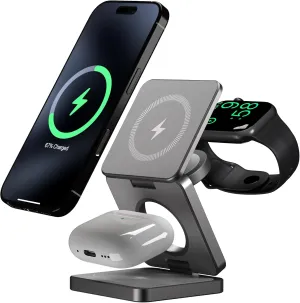 3 in 1 Wireless Charger for iPhone and Watch, Travel Charger for Multiple Devices, Charging Station for Smartphones, Smartwatches & Earbuds, Portable Travel Essentials (Gray)