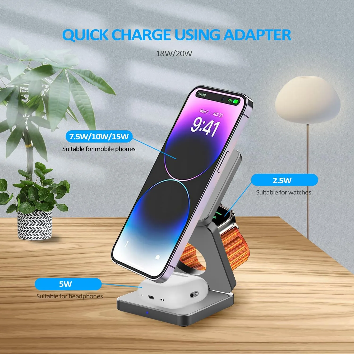 3 in 1 Wireless Charger for iPhone and Watch, Travel Charger for Multiple Devices, Charging Station for Smartphones, Smartwatches & Earbuds, Portable Travel Essentials (Gray)
