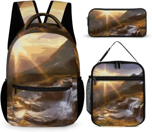 3 Pcs Backpack Set Mountain Sunrise Landscape Travel Bag Portable Casual Daypack Sports Backpacks with Lunch Box Pencil Case
