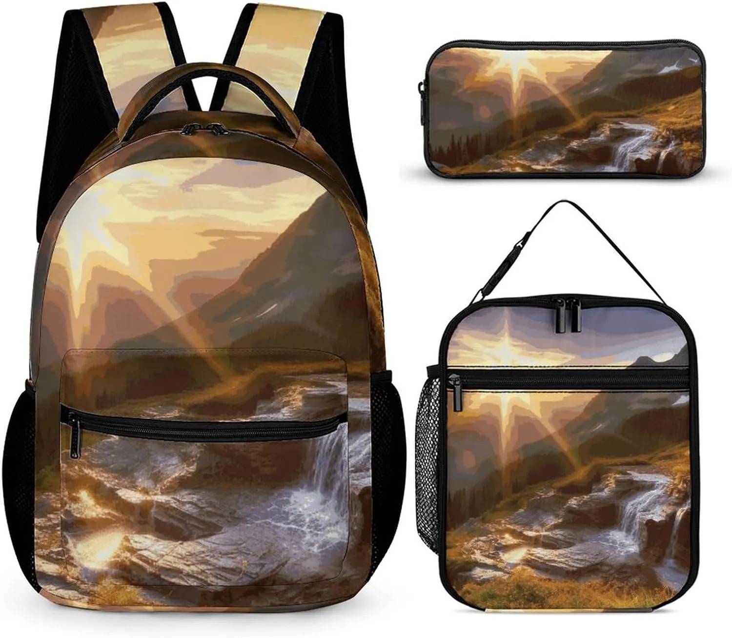 3 Pcs Backpack Set Mountain Sunrise Landscape Travel Bag Portable Casual Daypack Sports Backpacks with Lunch Box Pencil Case