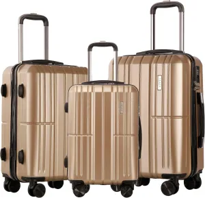 3 Piece Luggage Set ABS PC Expandable Hardshell TSA Lock Aluminum Trolley Spinner Wheels (Champagne, 3 Piece Set)