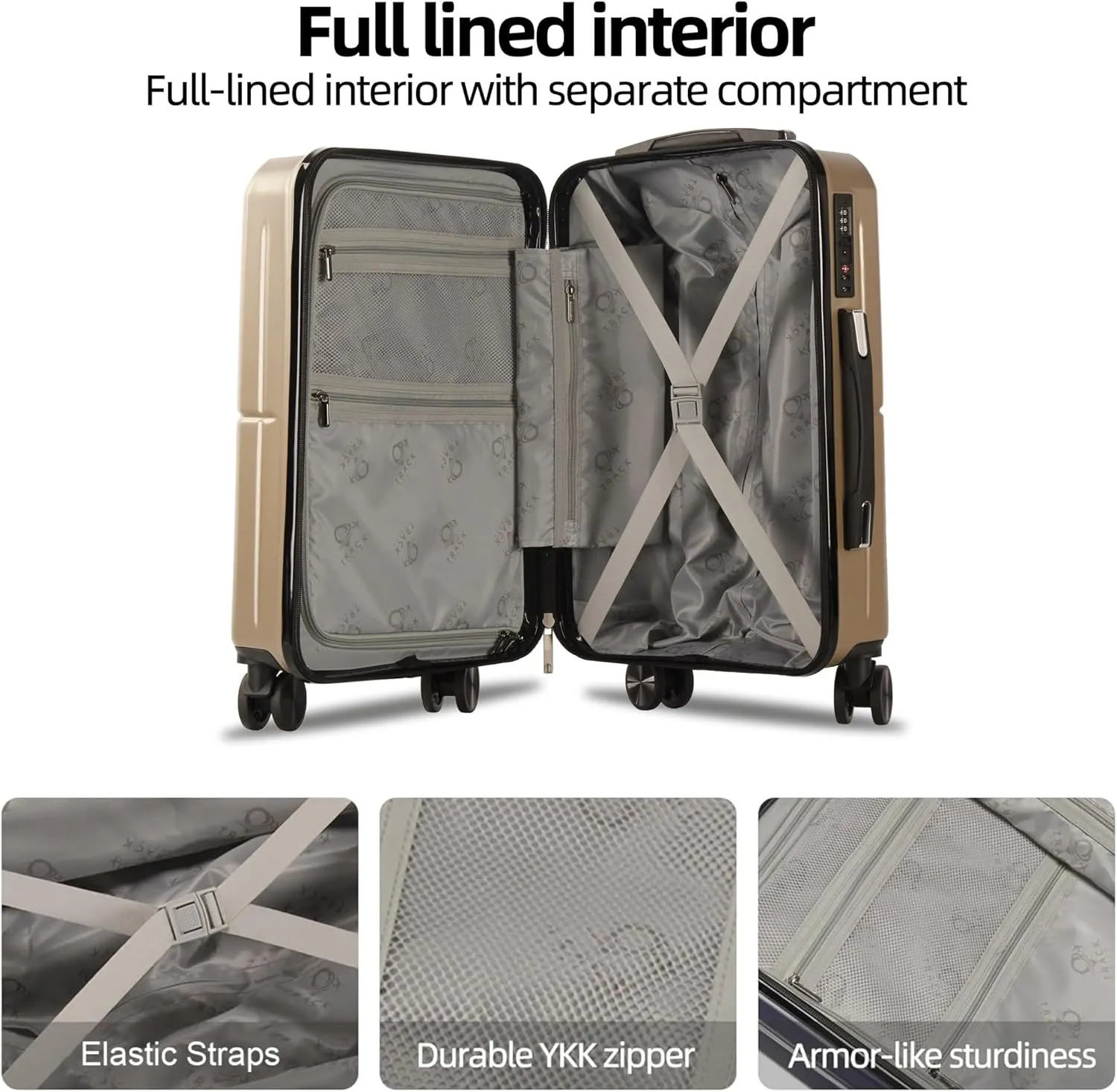 3 Piece Luggage Set ABS PC Expandable Hardshell TSA Lock Aluminum Trolley Spinner Wheels (Champagne, 3 Piece Set)