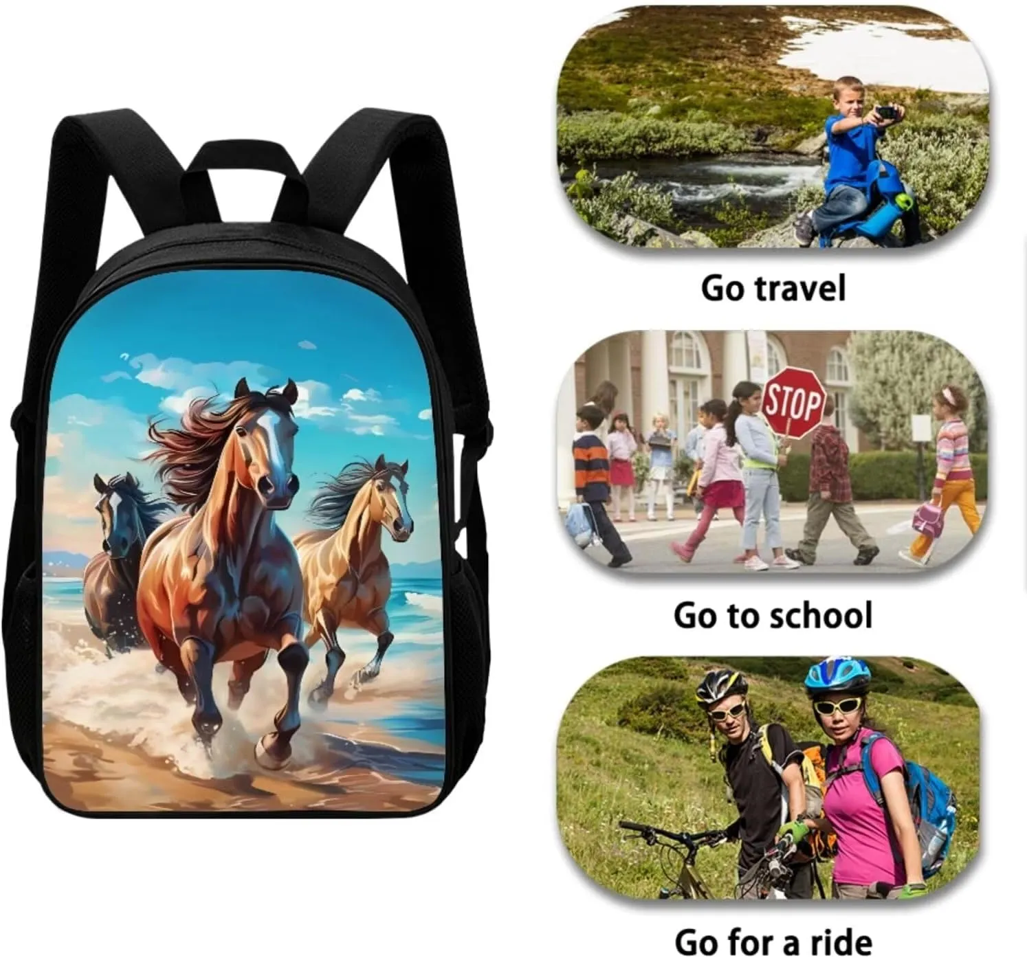 3D Horse Girls Backpack for School Boys School Bag with Adjustable Shoulder Strap Fashion Backpack and Lunch Box Pencil Case Set 3 In 1 School Bookbags for Kids 5-7 Primary School