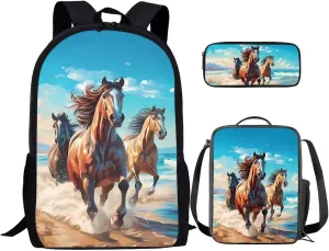 3D Horse Girls Backpack for School Boys School Bag with Adjustable Shoulder Strap Fashion Backpack and Lunch Box Pencil Case Set 3 In 1 School Bookbags for Kids 5-7 Primary School