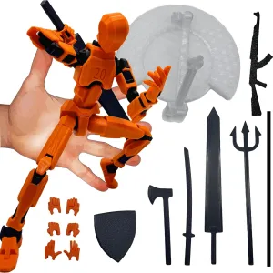 3D Printed Enlarge Body Size 8.1-inch Action Figure Dummy20, Full Body Mechanical Movable Toy, Multiple Accessories, Desk Decoration (Bracket, 3 HandsType, Weapons, Armour) (Orange)