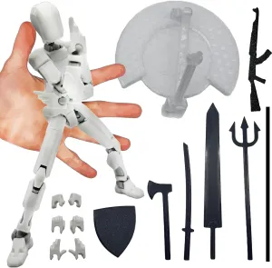 3D Printed Enlarge Body Size 8.1-inch Action Figure Dummy20, Full Body Mechanical Movable Toy, Multiple Accessories, Desk Decoration (Bracket, 3 HandsType, Weapons, Armour) (White)