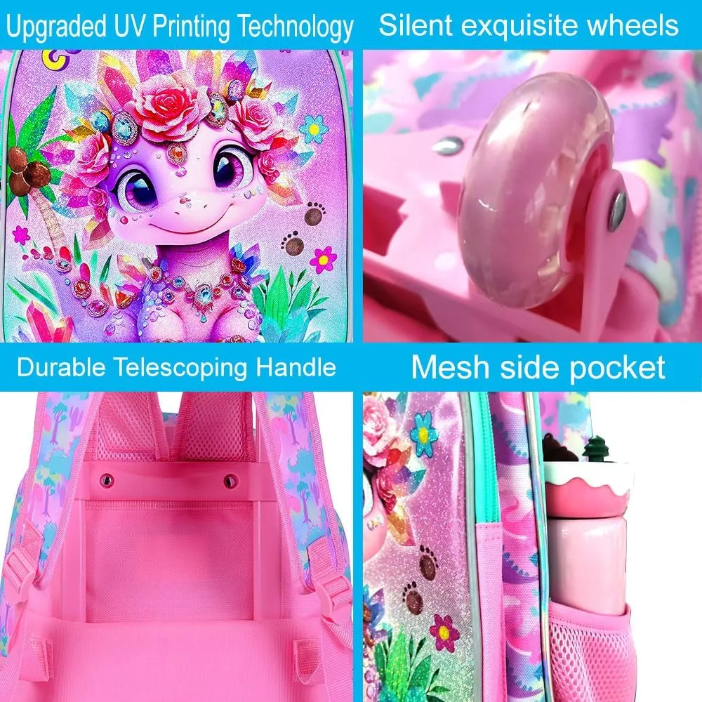 3Pcs Dinosaur Rolling Backpack for Girls, Roller Bookbag with Lunch Box, Kids School Backpacks with Wheels for Elementary Preschool(Pink)