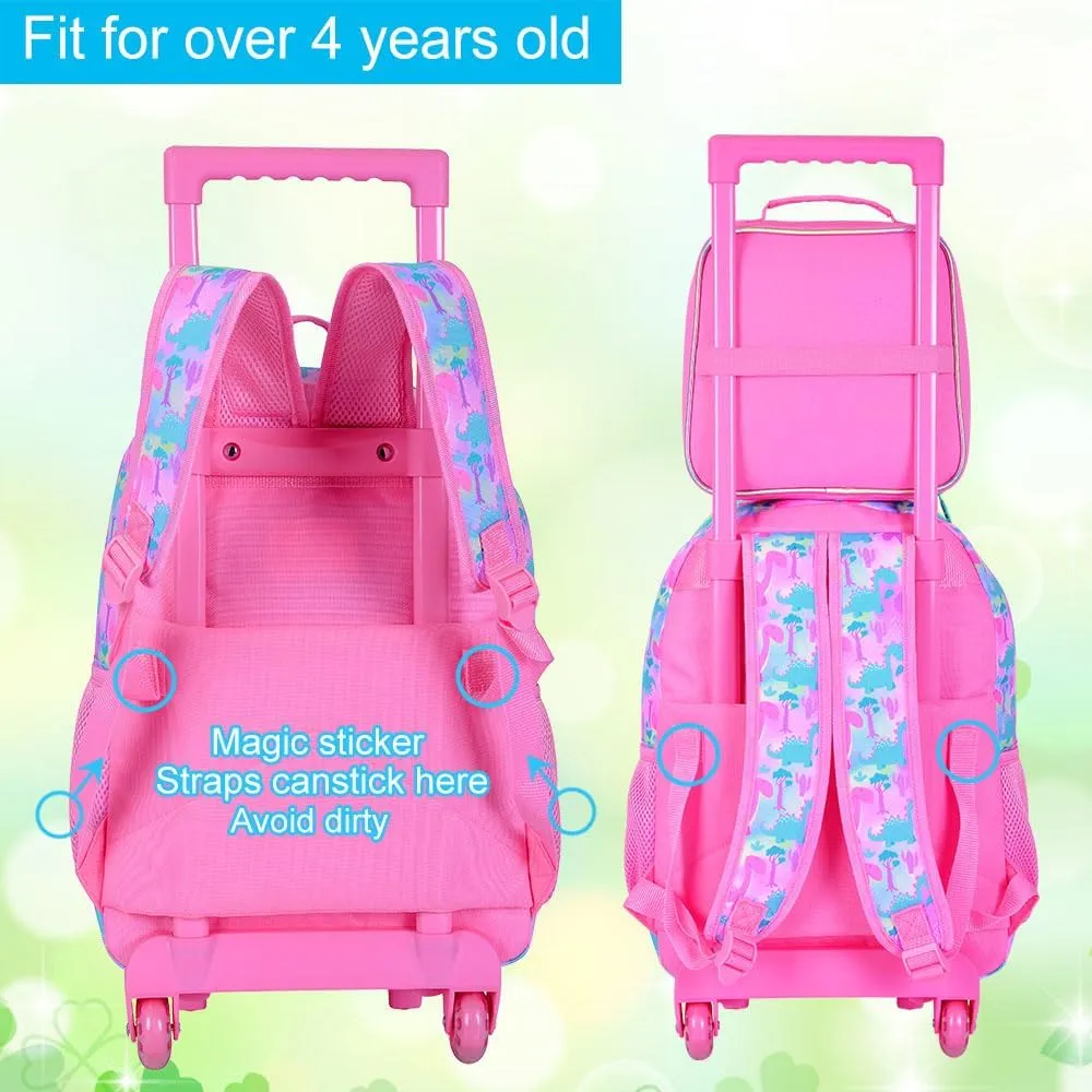 3Pcs Dinosaur Rolling Backpack for Girls, Roller Bookbag with Lunch Box, Kids School Backpacks with Wheels for Elementary Preschool(Pink)