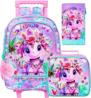 3Pcs Dinosaur Rolling Backpack for Girls, Roller Bookbag with Lunch Box, Kids School Backpacks with Wheels for Elementary Preschool(Pink)