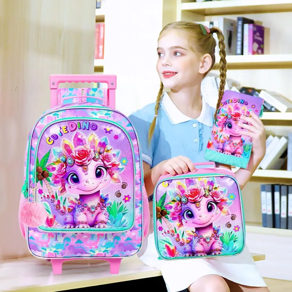 3Pcs Dinosaur Rolling Backpack for Girls, Roller Bookbag with Lunch Box, Kids School Backpacks with Wheels for Elementary Preschool(Pink)