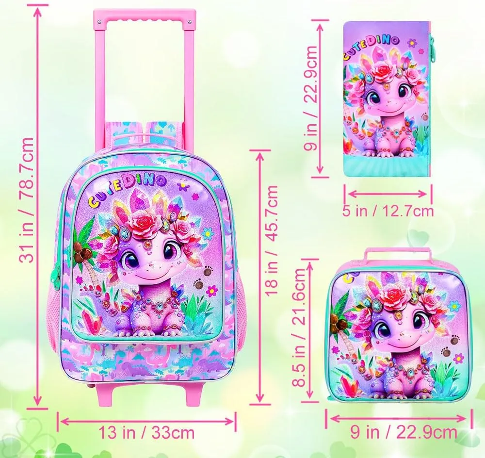 3Pcs Dinosaur Rolling Backpack for Girls, Roller Bookbag with Lunch Box, Kids School Backpacks with Wheels for Elementary Preschool(Pink)